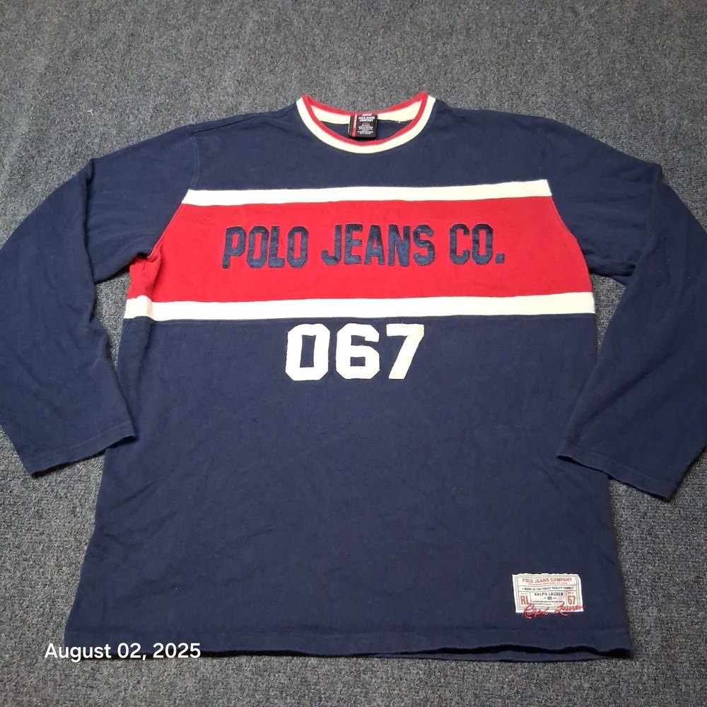 Polo Jeans Co. 067 Long Sleeve Embroidered Wide Stripe Shirt Size Large Blue Y2K
